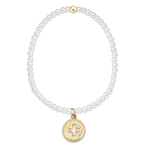 classic pearl 3mm bead bracelet - signature cross gold disc