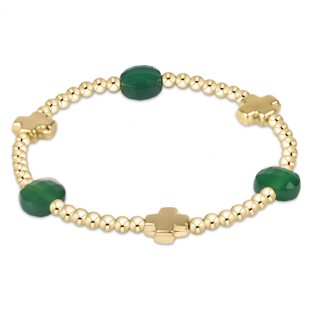 Signature Cross Admire Gold Pattern 3mm Bead Bracelet - Green Onyx