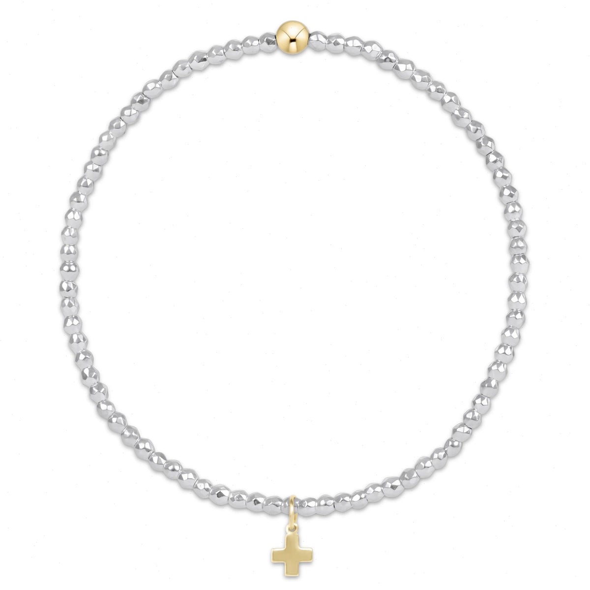 bright silver faceted hematite 2mm bead bracelet - signature cross gold charm
