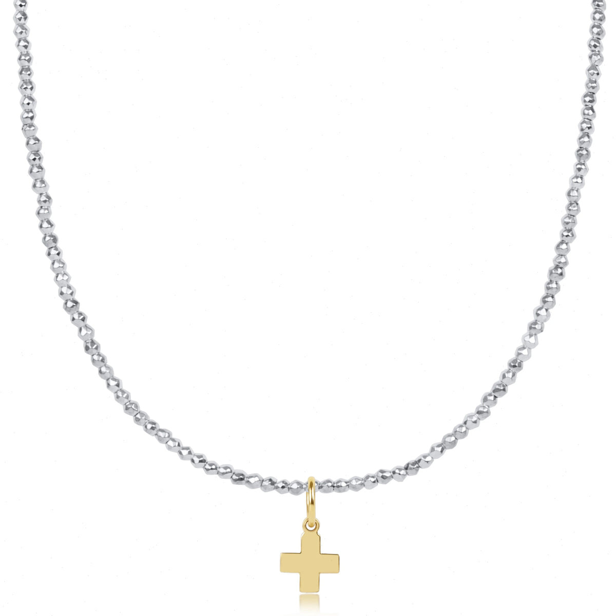 choker bright silver faceted hematite 2mm bead - signature cross gold charm