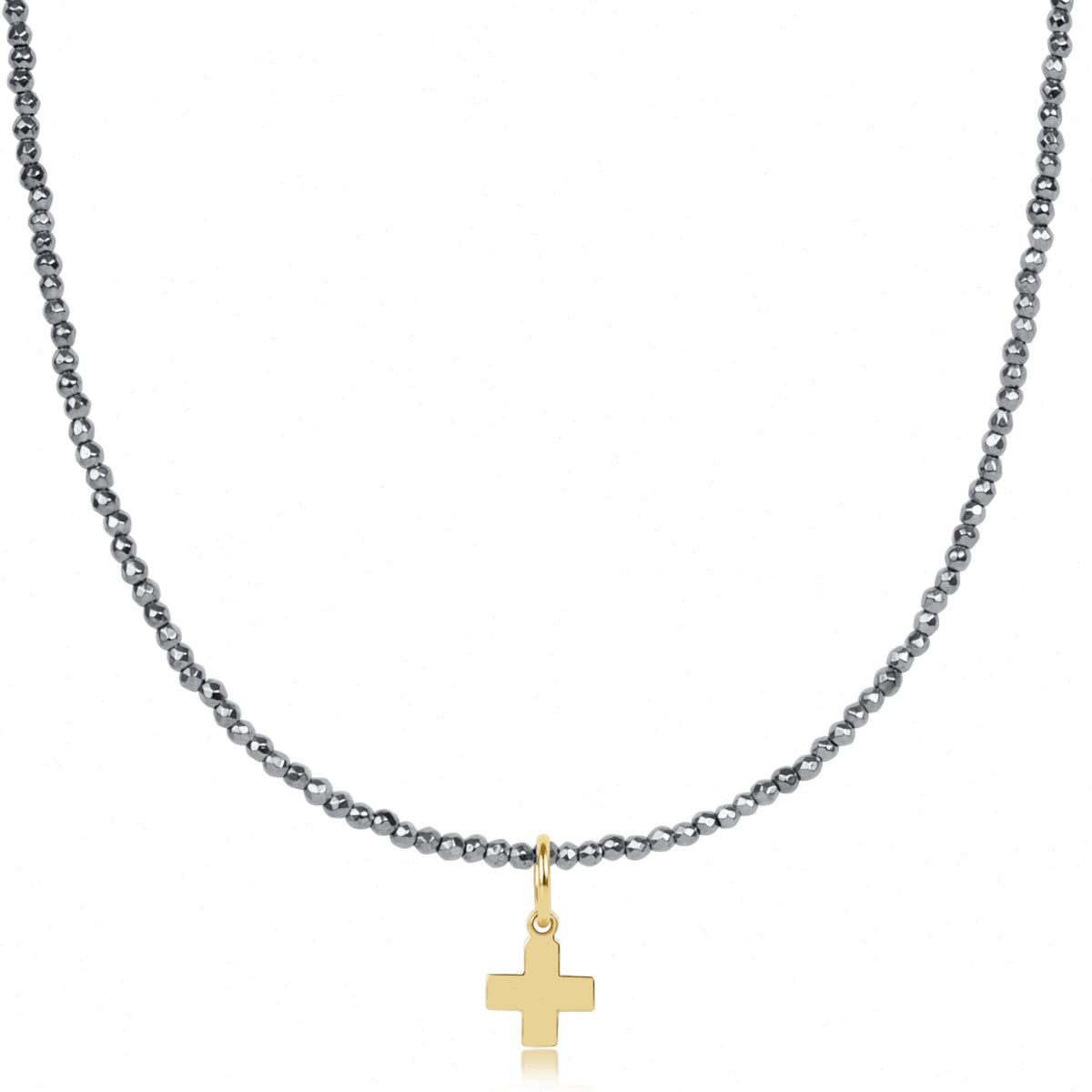 choker silver faceted hematite 2mm bead - signature cross gold charm