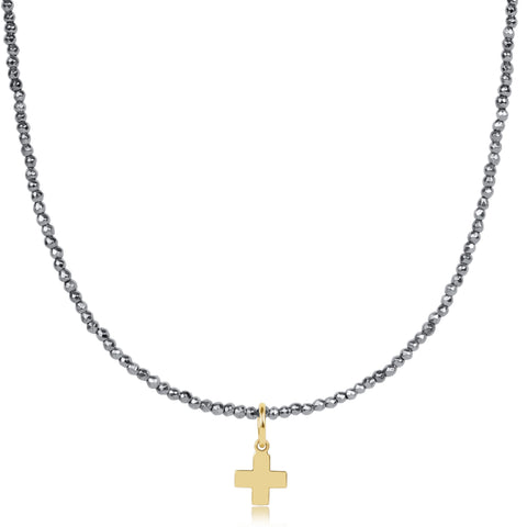 choker silver faceted hematite 2mm bead - signature cross gold charm