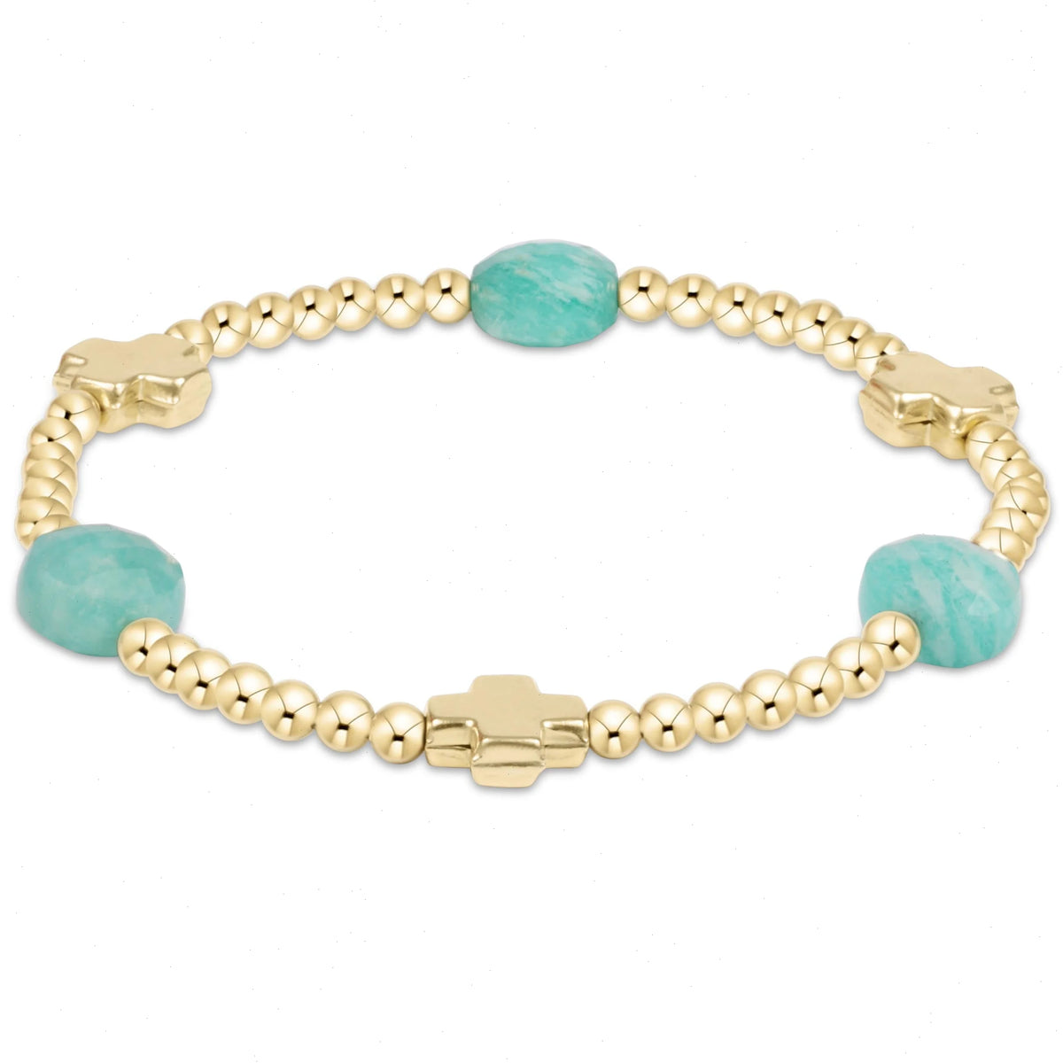 Signature Cross Admire Gold Pattern 3mm Bead Bracelet - Amazonite