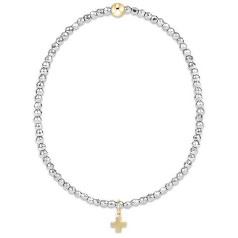 silver faceted hematite 2mm bead bracelet - signature cross gold charm