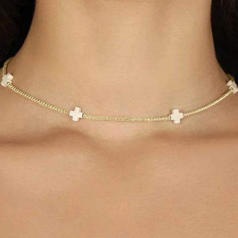 15" Choker Signature Cross Gold Pattern 2mm Bead - Off-White